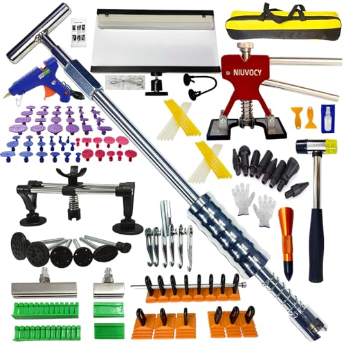 Auto Body Dent Puller Kit for Dent Removal with Red Dent Lifter,T-Bar,Slide Hammer,Bridge Puller and More for Paintless Dent Removal Kit (104pcs-with dent Light)
