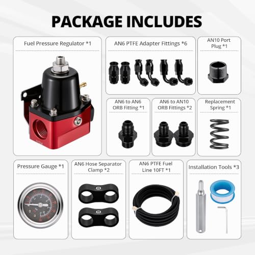 EVIL ENERGY EFI Fuel Pressure Regulator Kit Adjustable (20-120PSI) with Gauge 6AN PTFE Fuel Line Hose Fitting Connectors Kit Universal Aluminum (Red) - color: Red