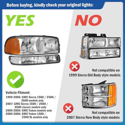 Halogen Headlights for 99-07 GMC Sierra/99-06 GMC Yukon - color: Polished Chrome | With High & Low Beam Bulbs