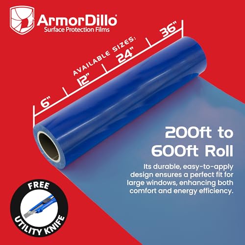 ArmorDillo Blue Window Protection Film 6" x 200' | 14.68 per roll (10 Rolls- 1 case), Surface Protection | Temporary Self-Adhesive Glass Covering, Window Masking, 45-Day UV Resistant Construction Wrap - size: 6" x 200' (10 Rolls)