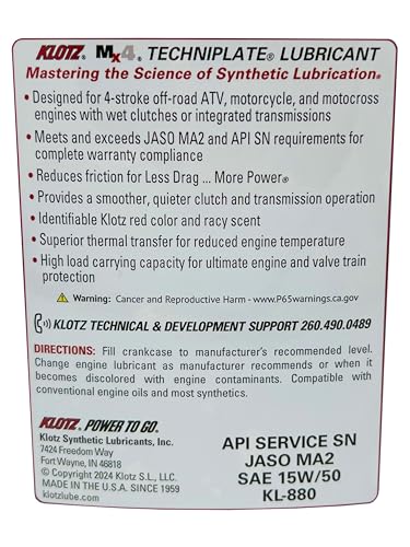 Klotz MX-4 TechniPlate, Hi-Performance Synthetic Motor Oil Lubricant for 4-Stroke Off-Road Racing Motorcycle & ATV Engines | 15W-50 – KL-880 – 1 Quart - size: 15W-50