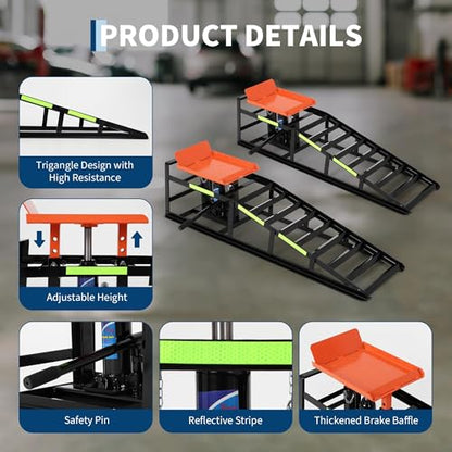 5 Ton Hydraulic Car Ramps, Heavy Duty Vehicle Lift with Reflective Strips for Night Use, Low Profile Adjustable Height 9.8" to 15", Portable Auto Service Ramps for Oil Changes Garage&Truck Maintenance