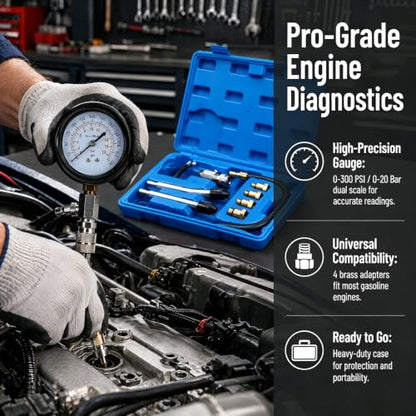 8-Piece Engine Compression Tester Kit, 0-300 PSI