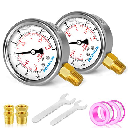 MEANLIN MEASURE -30inHG~30Psi Stainless Steel 1/4" NPT 2.5" FACE DIAL Vacuum Pressure Gauge, Lower Mount (Pack of 2), with 1/2" NPT and 3/8" NPT Hex Bushing - size: -30inHG-30Psi (2Pcs)
