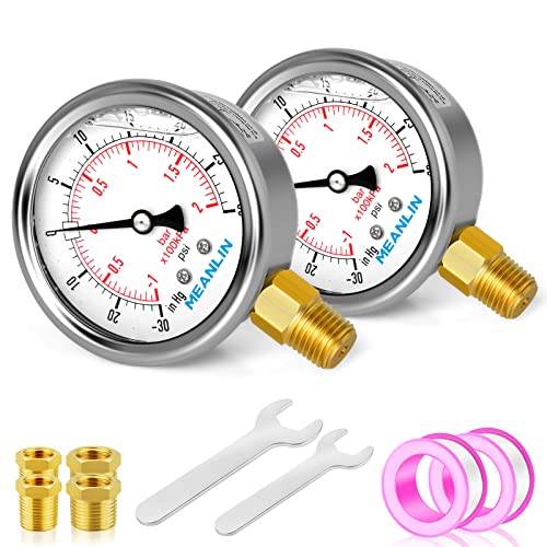 MEANLIN MEASURE -30inHG~30Psi Stainless Steel 1/4" NPT 2.5" FACE DIAL Vacuum Pressure Gauge, Lower Mount (Pack of 2), with 1/2" NPT and 3/8" NPT Hex Bushing - size: -30inHG-30Psi (2Pcs)