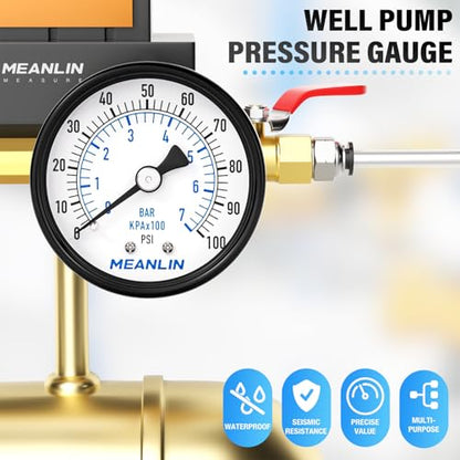 MEANLIN MEASURE 0-100Psi 2" DIAL FACE 1/4" NPT Well Pump Pressure Gauge, with 1/2" NPT and 3/8" NPT Hex Bushing, 3-2-3% Accuracy, Center Back Mount - color: 1/4"NPT Back Mount, size: 0-100Psi