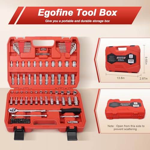 Egofine 1/4”Drive Socket Ratchet Wrench Set,101 PCS Metric(4-14mm),SAE(5/32-9/16”),with 72-Teeth Ratchet Wrench,Bit Socket Set,Extension Bar,Allen wrench for Auto Repair and Household - color: Red, size: 1/4" 101 PCS with 72 Teeth Ratchet