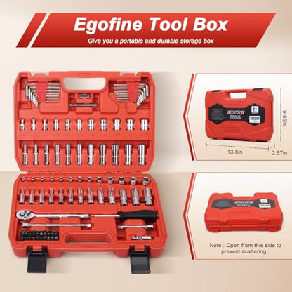 Egofine 1/4”Drive Socket Ratchet Wrench Set,101 PCS Metric(4-14mm),SAE(5/32-9/16”),with 72-Teeth Ratchet Wrench,Bit Socket Set,Extension Bar,Allen wrench for Auto Repair and Household - color: Red, size: 1/4" 101 PCS with 72 Teeth Ratchet