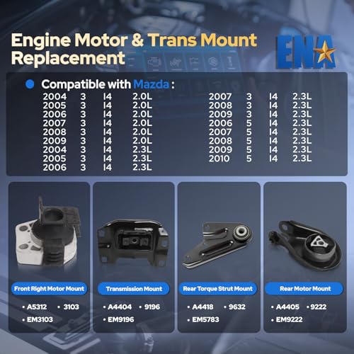 ENA Engine and Trans Mount Set of 4 Compatible with Mazda 3 5 2004 2005 2006 2007 2008 2009 2010 3 2.0L 2.3L No Turbo Automatic Transmission Replacement for A4404 A4405 A4418 A5312 9196 9222 3103 9632