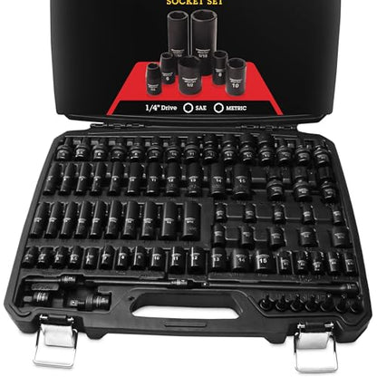 TIGHTSPOT 1/4" Drive 80pc Impact Socket MASTER SET, our Most Complete Set Ever with SAE & Metric from 3/16 Inch - 9/16 Inch, 4mm - 15mm, Standard/Deep/Universal & Torx & Inverted Torx Sockets & More - size: 1/4” Drive 80pc Impact Socket Set