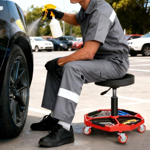 DNA Motoring TOOLS-00253 Adjustable Height Pneumatic Garage Seat Rolling Mechanic Stool with Tool Tray Storage,300lbs Max Weight Capacity - color: Red