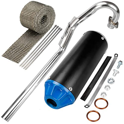 GREHUA 28mm Exhaust Muffler Assembly Compatible with 125cc 110cc 90cc 70cc SSR110 SSR125 CRF50 CRF70 XR50 Taotao DB10 DB14 Baja Xpro Apollo Rocketa TTR SDG Coolster Pit Dirt Bike Parts with Heat Wrap - color: blue