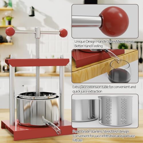 SQUEEZE master Cheese Tincture Herb Fruit Wine Manual Press -0.8Gallon/ 3 Litre-Power Ball Handle-Stainless Steel & Iron for Juice,Cider,Wine,Olive Oil - color: Red, size: 0.8 Gallon