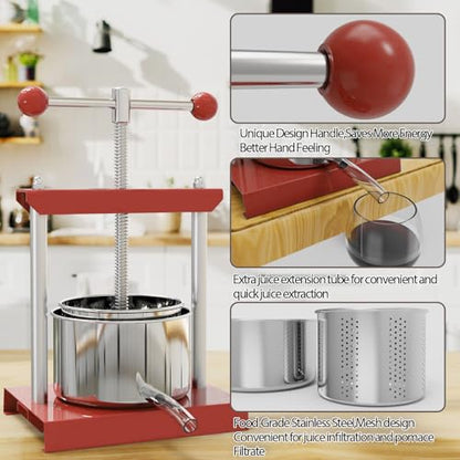 SQUEEZE master Cheese Tincture Herb Fruit Wine Manual Press -0.8Gallon/ 3 Litre-Power Ball Handle-Stainless Steel & Iron for Juice,Cider,Wine,Olive Oil - color: Red, size: 0.8 Gallon