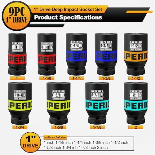 9 Piece 1" Drive Deep Impact Socket Set, 1" - 2" Jumbo Socket, SAE, 6-Point, Heavy Duty CR-MO, Truck Tire Service, Mechanical Equipment Maintance - size: 1" Jumbo SAE