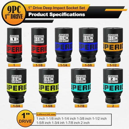 9 Piece 1" Drive Deep Impact Socket Set, 1" - 2" Jumbo Socket, SAE, 6-Point, Heavy Duty CR-MO, Truck Tire Service, Mechanical Equipment Maintance - size: 1" Jumbo SAE