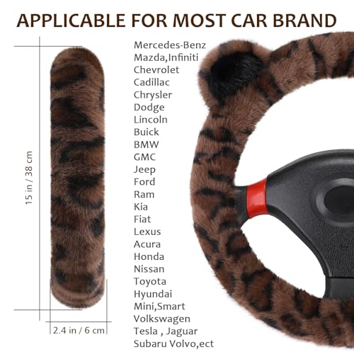 Accmor Fuzzy Car Steering Wheel Cover, Warm Fluffy Leopard Steering Wheel Cover with Cute Ears, Soft Plush Furry Car Accessories Decor for Women, Non-Slip Universal 15 inch Fit Vehicle, Truck, SUVs - color: Dark Brown/Black Leopard & Ears