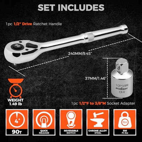 HORUSDY 1/2" Drive 90T Quick-Release Ratchet Handle, Reversible Chrome Alloy Socket Wrench with 1/2" to 3/8" Adapter, Durable and Comfortable for Automotive, DIY, Industrial and Bicycle Repairs - color: 1/2" Drive 90t Silver