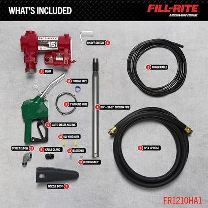 Fill-Rite FR1210HA1 12V 15 GPM Fuel Transfer Pump with Discharge Hose & Automatic Nozzle, Green - Gasoline, Diesel, Kerosene, Ethanol & Methanol Blends & Biodiesel - style: Auto Nozzle (Green)