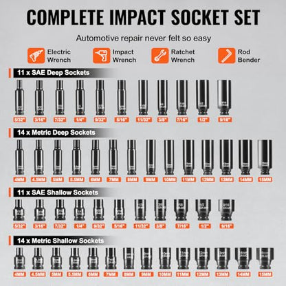 VEVOR Impact Socket Set 1/4" Drive, 55-Piece Deep & Shallow Socket Set Standard SAE (5/32 to 9/16 inch) & Metric (4 to 15 mm) Size, 6 Point, CR-V, Extension Bar, Universal Joint, Reducer - size: 1/4" 55PCS