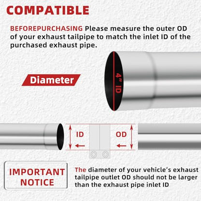 LCGP 4 Inch Straight Exhaust Pipe, 4" Stainless Steel Straight Muffler Replacement Pipe, 40" Length Mandrel Exhaust Tube with Two Lap Joint Band Clamps(New Version) - size: 4 Inch