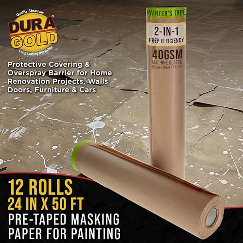 Dura-Gold Pre-Taped Masking Paper for Painting (24" x 50', 12 Rolls) - Tape - size: 24-inch-x-50-feet (Pack of 12)