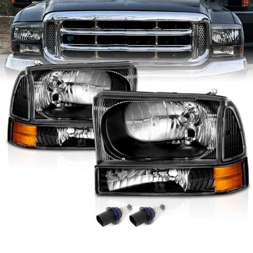 AmeriLite OE Black Replacement Headlights 4pcs Set w/Socket Bulb for 1999-04 Ford Excursion/Super Duty F250 F350 F450 F550 Truck - Passenger and Driver Side - color: Black