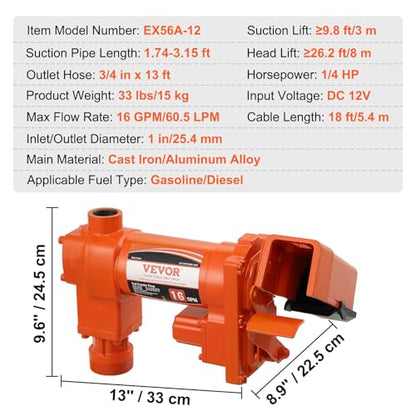 VEVOR Fuel Transfer Pump 12V DC 16 GPM 1/4 HP Gasoline Extractor Pump Kit - size: 12V 16GPM with Accessories
