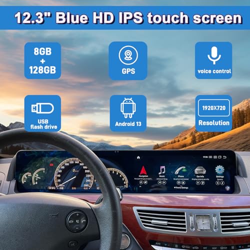 12.3" Android 13 Dual Screen Style Multimedia Blue Anti-Glare HD Screen for Mercedes-Benz 2006-2013 S CL Class W221 W216 NTG 3.0/3.5, Support Carplay Android Auto Mirror Link (8+128GB)