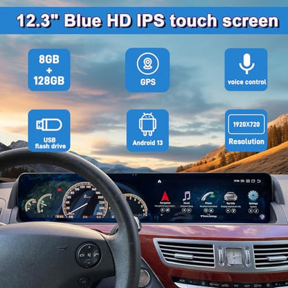 12.3" Android 13 Dual Screen Style Multimedia Blue Anti-Glare HD Screen for Mercedes-Benz 2006-2013 S CL Class W221 W216 NTG 3.0/3.5, Support Carplay Android Auto Mirror Link (8+128GB)