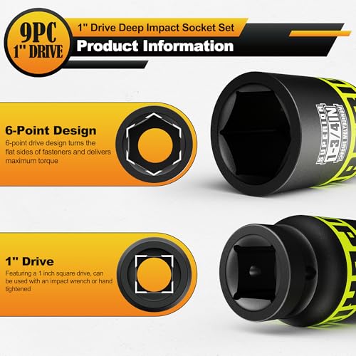 9 Piece 1" Drive Deep Impact Socket Set, 1" - 2" Jumbo Socket, SAE, 6-Point, Heavy Duty CR-MO, Truck Tire Service, Mechanical Equipment Maintance - size: 1" Jumbo SAE
