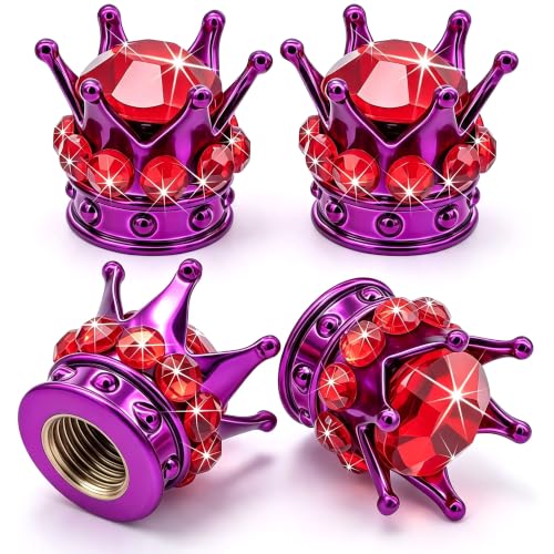 4PCS Crown Bling Tire Stem Valve Caps, Crystal Diamond Tire Air Cap Set Universal Copper Core Stem Covers for Cars, SUV, Trucks, Bikes, Motorcycles, Bicycles (Purple & Red) - color: Purple & Red
