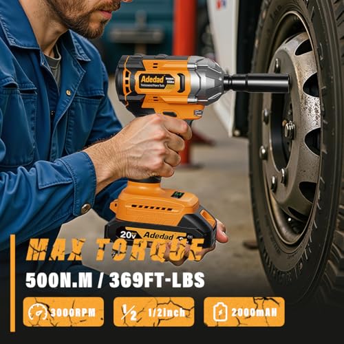 Brushless Impact Wrench 3-in-1 500N.m(369Ft-lbs) Torque Wrench 1/2 Drive with 2x2.0Ah Batteries, 8 Drill Bits, 6 Screwdriver Bits, 4 Sockets, Cordless Impact Gun for automotive Repair and DIY