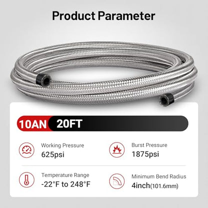 EVIL ENERGY 10AN Fuel Line Kit 20FT, 10AN Hose Stainless Steel Braided Fuel Line Hose Fitting Kit CPE, Silver - color: Silver, size: 10AN 20FT