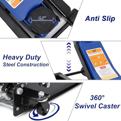 3 Ton Heavy Duty Low Profile Floor Jack, Dual Pump Hydraulic Jack with 3"-19.5" Lifting Range & Long Handle for Cars, Trucks, SUV, Garage Jack with Safety Lock, Blue