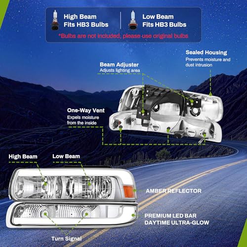 AUTOSAVER88 LED DRL Headlights Compatible with 1999-2002 Silverado Chrome - color: Amber Clear