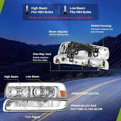 AUTOSAVER88 LED DRL Headlights Compatible with 1999-2002 Silverado Chrome - color: Amber Clear