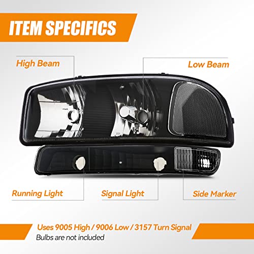 Headlight Assembly Compatible with 99-07 GMC SIERRA 1500 2500 1500HD 2500HD 3500HD/ 1999-2006 YUKON 1500 2500/2001 SIERRA C3, Black Housing 4PCS
