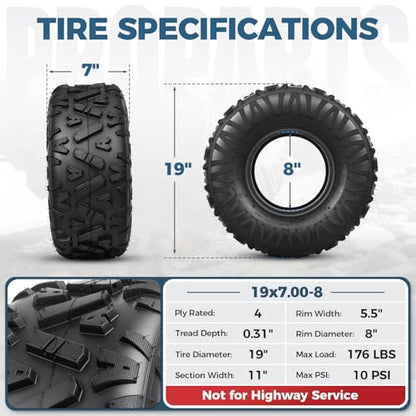 PROPARTS 19x7-8 ATV/UTV Tires 4-Ply 19x7x8 19-7-8 All Terrain Off-Road Mini Bike Tire for Mud, Sand Rock and Trail, Tubeless, Set of 2 - size: 19x7x8
