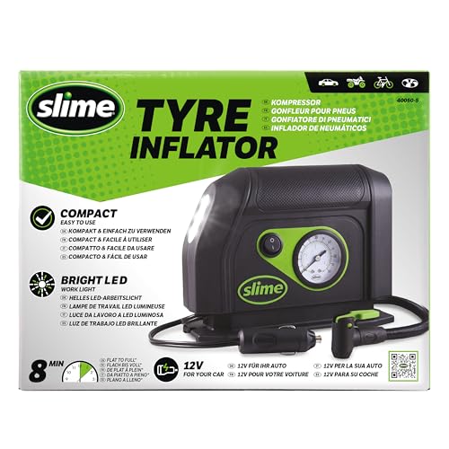 Slime 40050 Tire Inflator, Portable Car Air Compressor, with Analog 100 psi Dial Gauge, Long Hose and LED Light, 12V, 8 min Inflation - style: Analog Tire Inflator