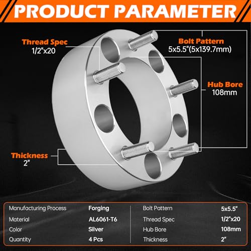 GAHA 5x139.7mm Wheel Spacers 108mm 1/2"-20 Fit for Ford, for Jeep 2 inch - color: 5x139.7-2in-4PCS