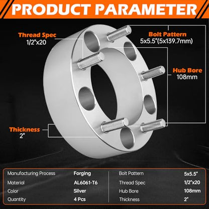 GAHA 5x139.7mm Wheel Spacers 108mm 1/2"-20 Fit for Ford, for Jeep 2 inch - color: 5x139.7-2in-4PCS