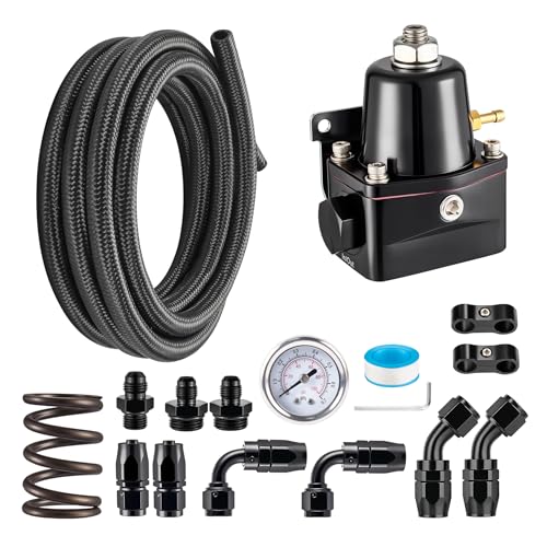 EVIL ENERGY EFI Fuel Pressure Regulator Kit Adjustable (20-120PSI) with Gauge 6AN CPE Fuel Line Hose Fitting Connectors Kit Universal Aluminum (black)