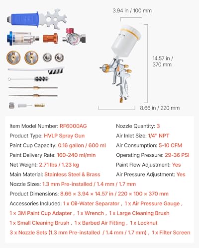 VEVOR HVLP Air Spray Gun, Gravity Feed Paint Sprayer Gun with 3 Nozzles (1.3/1.4/1.7mm), 600ml Capacity Auto Paint Sprayer with Air Regulator for Automotive Primers, Clear Coats & Topcoats - size: HVLP -1.3/1.4/1.7mm
