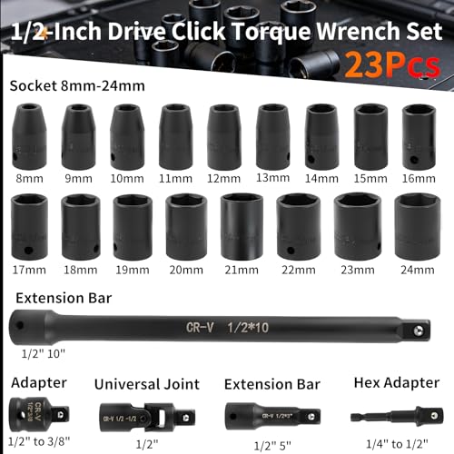 23PCS 1/2-Inch Drive Torque Wrench Set, 10-170FT.LB/13.6-230.5Nm