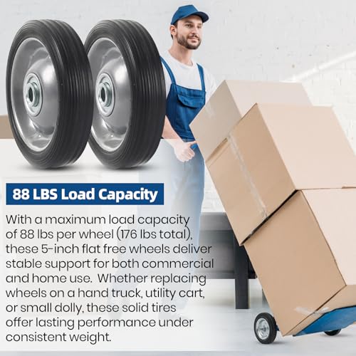 AR-PRO (2-Pack 5" x 1.2" Flat Free Solid Rubber Wheel Assemblies - Replacement Hand Truck Wheels with Ball Bearings and 1/2" Bore Hole Diameter - Heavy-Duty Solid Rubber Tire 88 lbs Load Capacity - size: 5"x1.2