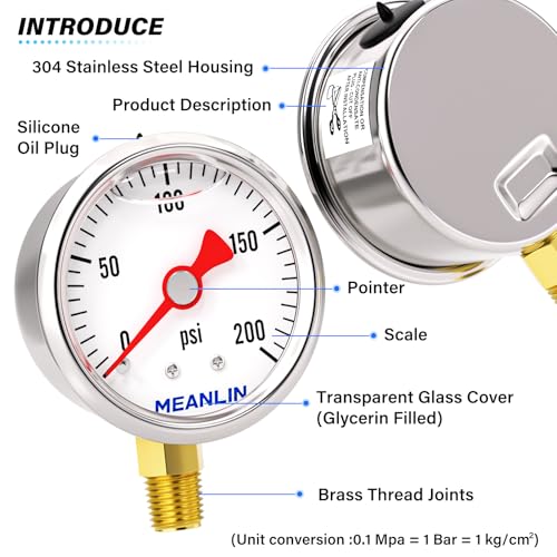 MEANLIN MEASURE 2pcs 0~200Psi Stainless Steel Liquid Filled, 1/8" NPT 1.5" Glycerin Filled Pressure Gauge, Water Oil Air, Lower Mount, with 1/4" NPT and 3/8" NPT Hex Bushing - size: 0-200Psi