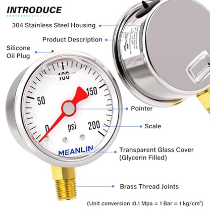 MEANLIN MEASURE 2pcs 0~200Psi Stainless Steel Liquid Filled, 1/8" NPT 1.5" Glycerin Filled Pressure Gauge, Water Oil Air, Lower Mount, with 1/4" NPT and 3/8" NPT Hex Bushing - size: 0-200Psi