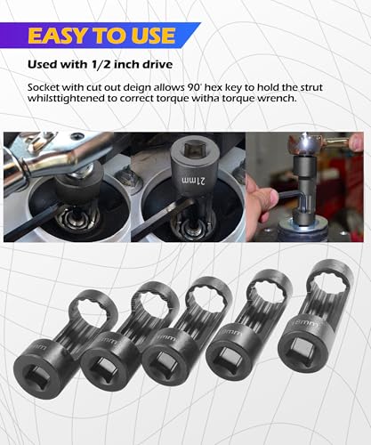 SCUARI 5PCS Strut Nut Socket,18MM 19MM 21MM 22MM 24MM Strut Nut Socket,Car Accessories Strut Sockets,Suspension Strut Sockets Tool with 12 Point 1/2" Drive,Used to Dismounting and Mounting Strut Nuts