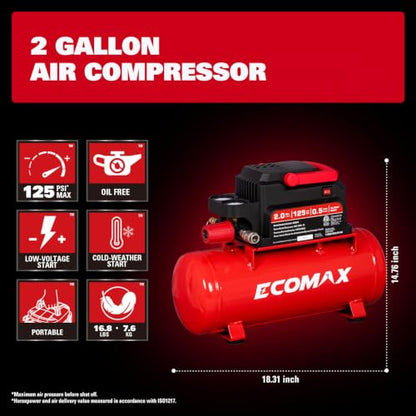 ECOMAX Air Compressor, 2 Gallon Portable Air Compressor 125 PSI Oil-Free Light Weight with 10 PCS Accessory Kit